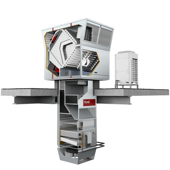 Supply and extract air handling unit with decentralised heat pump and high-performance energy recovery for heating and cooling halls with high ceilings