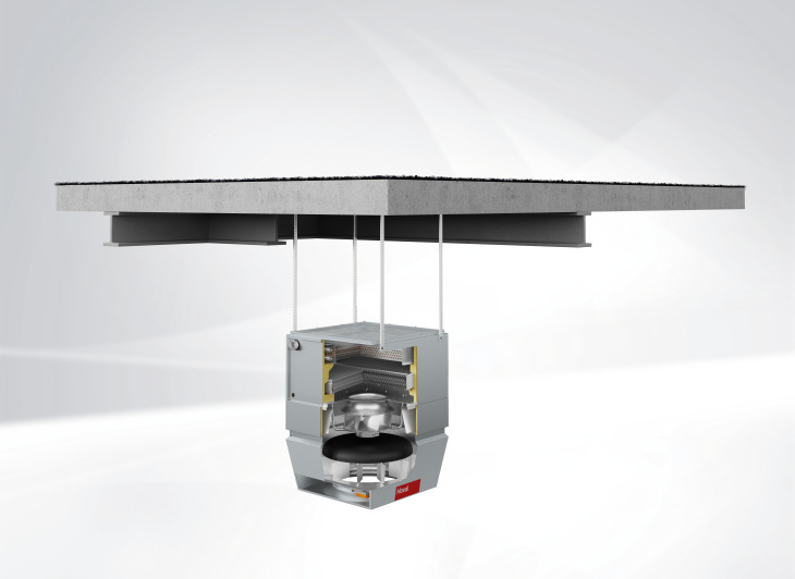 Recirculation unit for heating and cooling high halls.